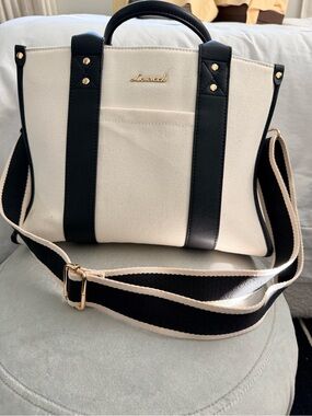 Cream Canvas Tote with Black Trim and Detachable Strap